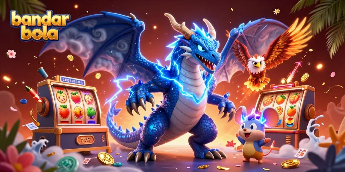 Experience exciting bandar bola action with dynamic slot machines, vibrant characters, and festive elements.