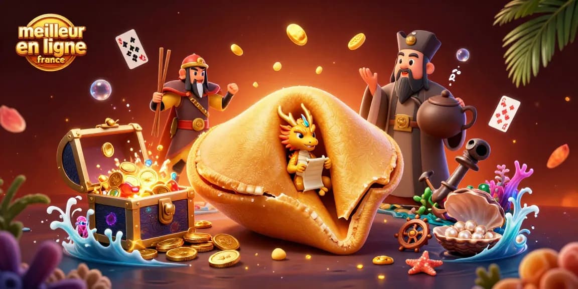 Illustration représentant le meilleur casino en ligne France avec un cookie en or, dragon sage et éléments de jeux