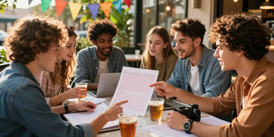 Analisis angka untung togel bersama teman di kafe, suasana ramai dan menarik.