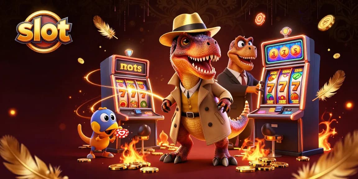 Slot yang mendebarkan dengan velociraptor dan stegosaurus dalam suasana kasino yang penuh warna.
