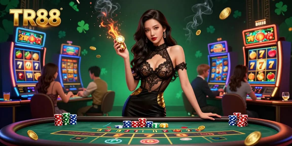 Experience high-stakes action at TR88 with a glamorous woman at a luxurious baccarat table.