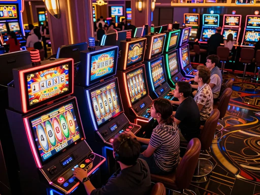 Players spinning Slot Online machines in a vibrant casino, showcasing excitement and colorful displays.