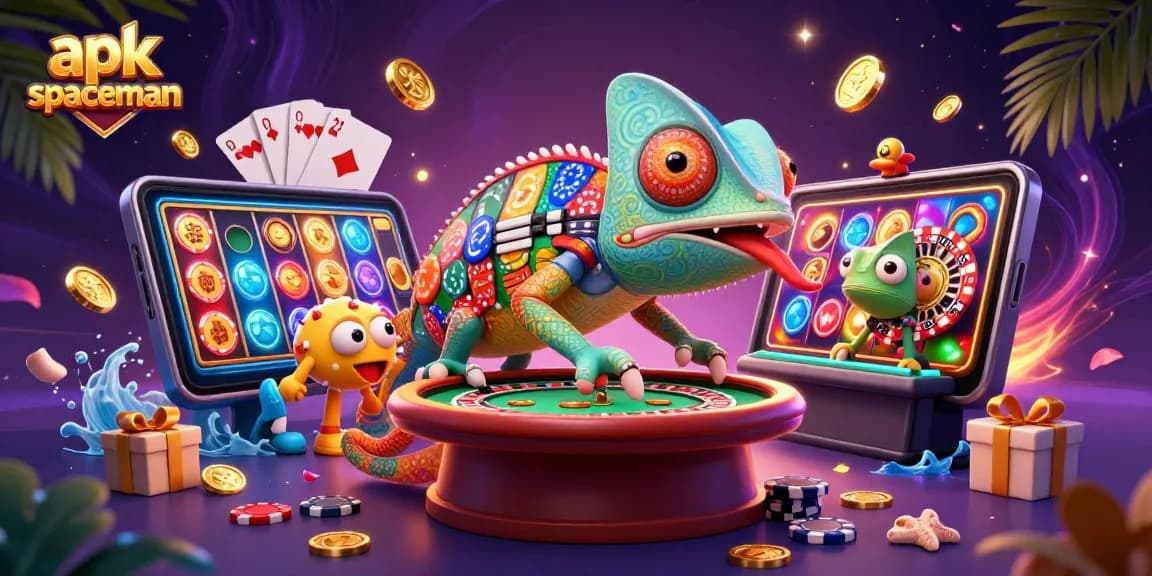 Engage with apk spaceman's exciting slot games illustrated in a vibrant casino scene.