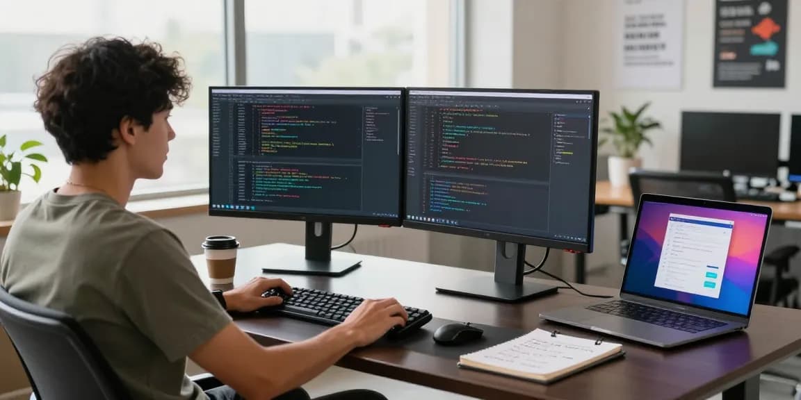 Open claw personal AI assistant scene with a developer coding in a bright office