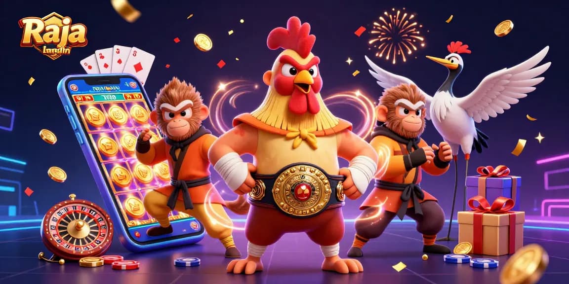 Engage with Raja game login through an exciting 3D illustration showcasing thrilling casino gaming elements.