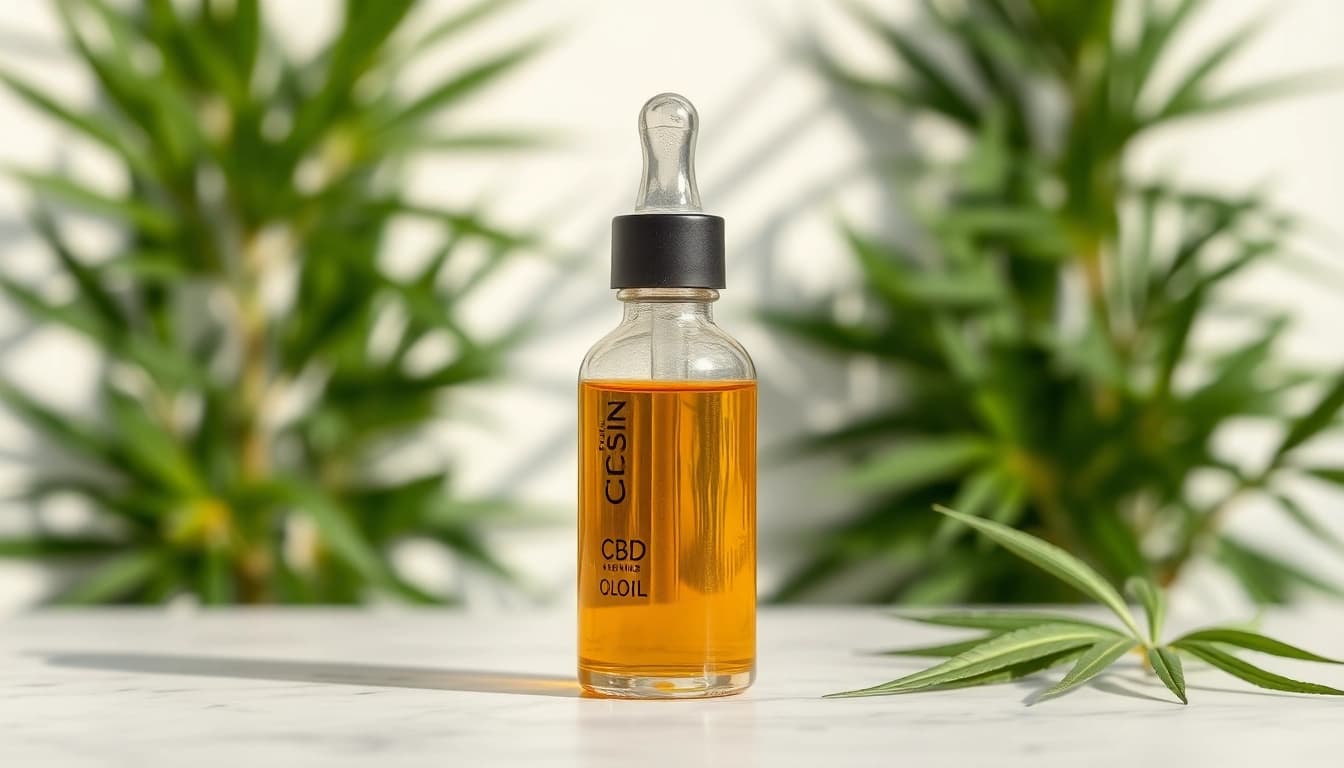 Showcasing CBD Oil in a sleek, minimalist setting with natural elements, emphasizing quality and wellness.