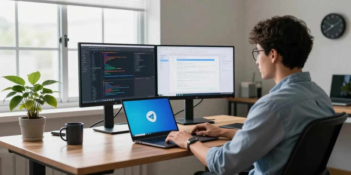 Developer engaging with 纸飞机中文版 on dual monitors in a modern workspace.