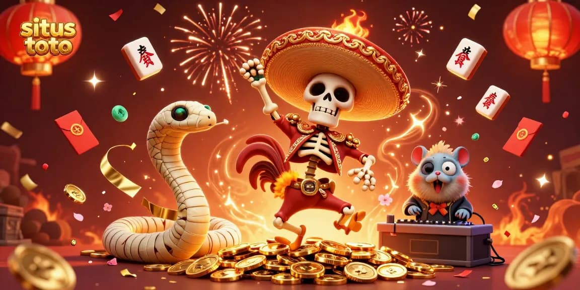 Situs toto showcases vibrant 3D cartoon characters celebrating over a treasure of golden coins, emphasizing exciting gaming experiences.