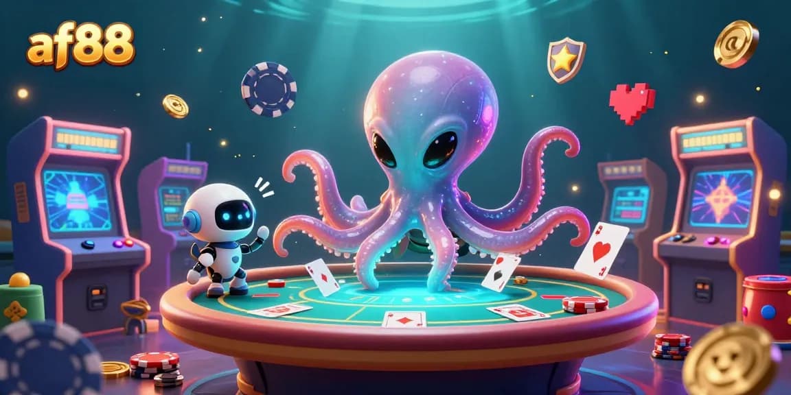 Play exciting games at af88 with a vibrant alien octopus dealer at a holographic poker table.