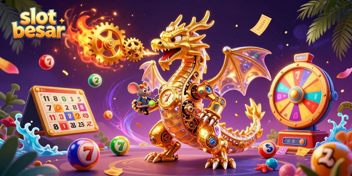 Experience slot besar excitement with a golden dragon and dynamic gaming elements in vibrant 3D.