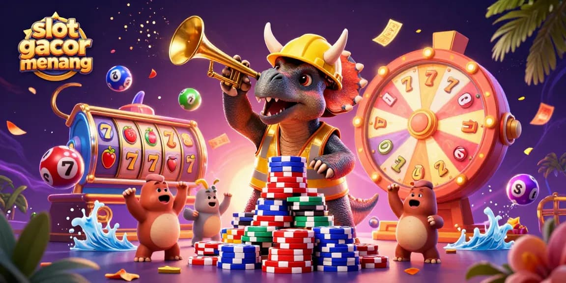 Experience the thrill of slot gacor gampang menang with vibrant characters celebrating casino wins in a dynamic scene.