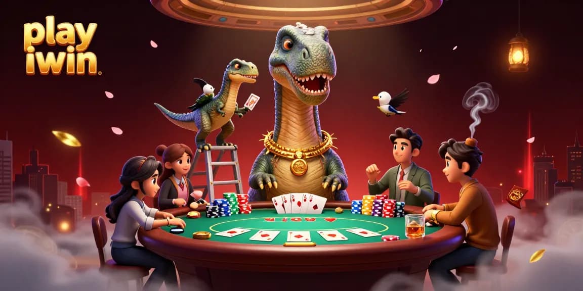 Play iwin with towering dinosaur characters at an elaborate poker scene.