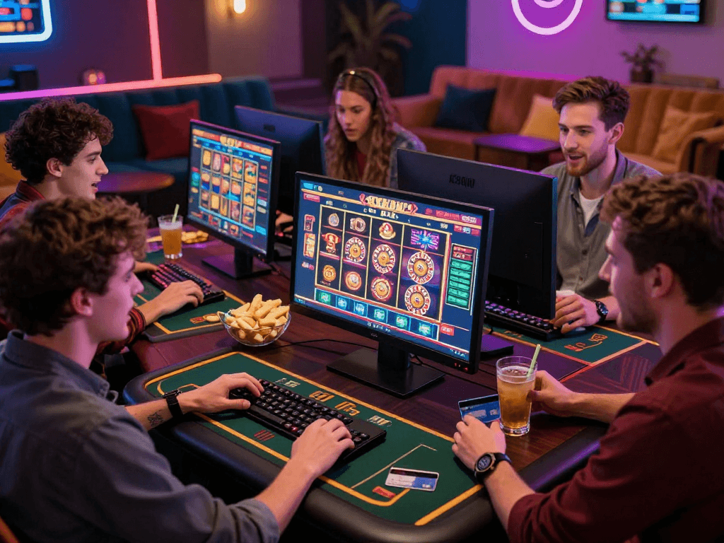Exciting scene of friends enjoying online casinos that accept credit cards during a game night