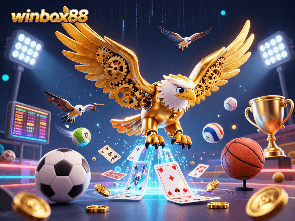 winbox88 players engaging in dynamic sports betting action with a cybernetic eagle, vibrant casino elements