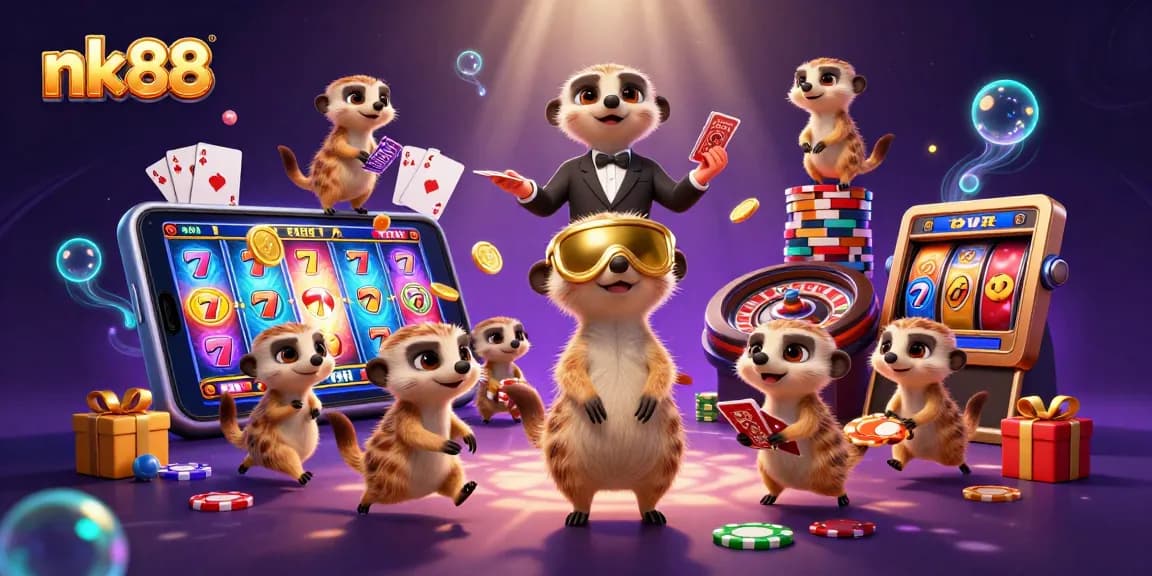 Experience nk88 gaming thrills with cartoon meerkats running a vibrant casino operation in a lively slots scene.
