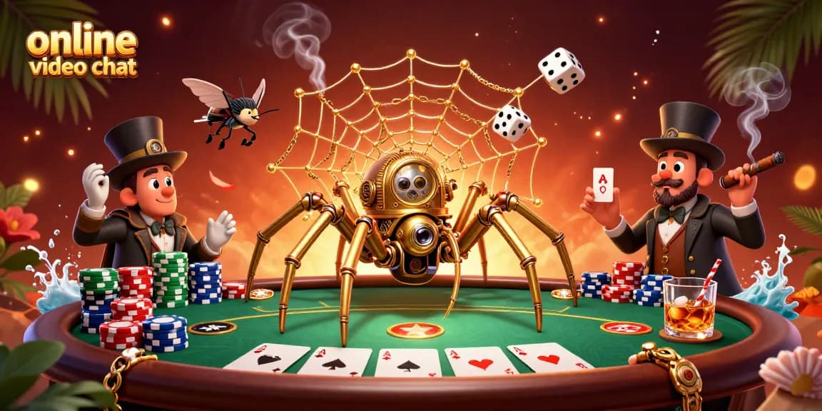 Engage in online video chat with a steampunk spider weaving a gold web of poker chips.