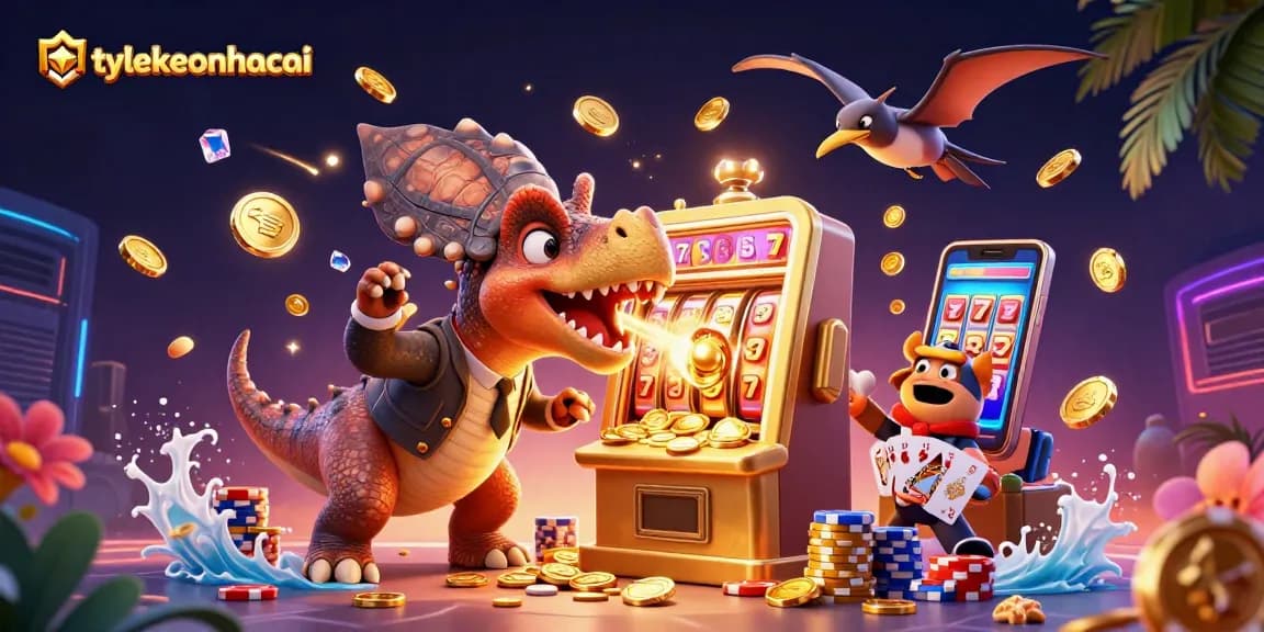 tylekeonhacai features a cartoon dinosaur winning jackpots at a colorful casino