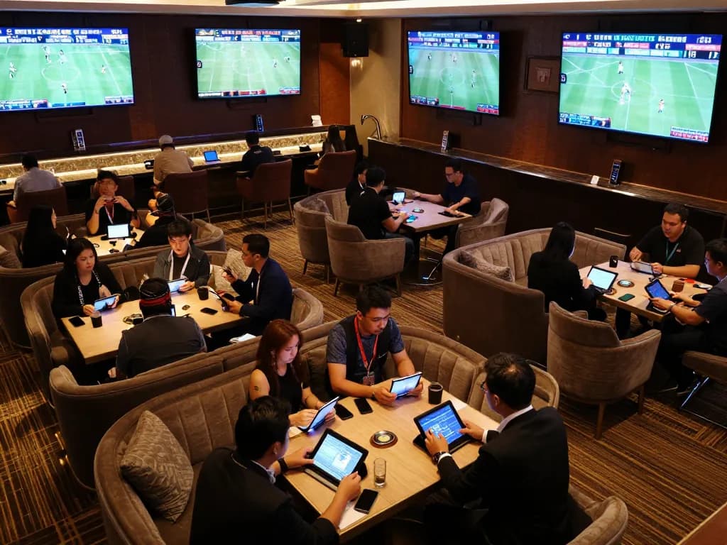 Active bettors engaging with kèo nhà cái in a luxurious sports betting lounge