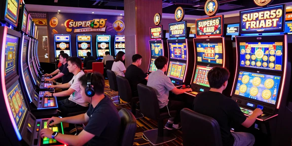 Pengalaman bermain slot online Super59 dengan pemain beragam menikmati jackpot dan suasana kasino yang ceria.