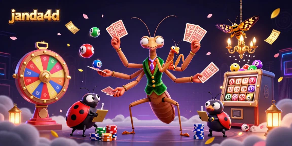 Gambarlah suasana berjudi seru di janda4d dengan bola lotere berwarna-warni dan karakter menarik.
