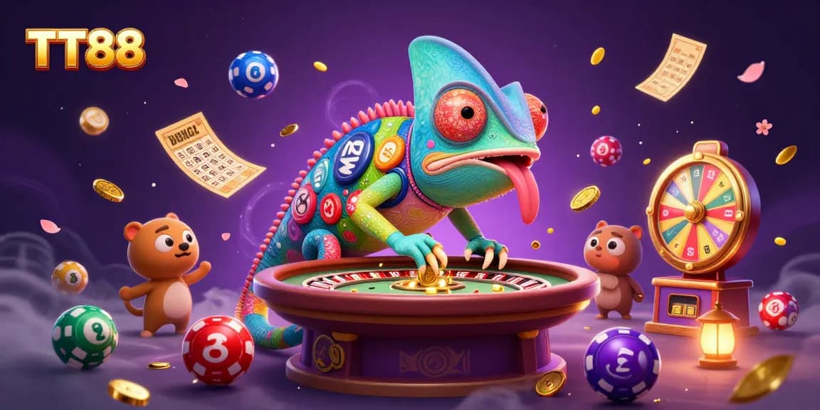TT88 casino owner chameleon snatches golden coins amidst vibrant gambling elements.
