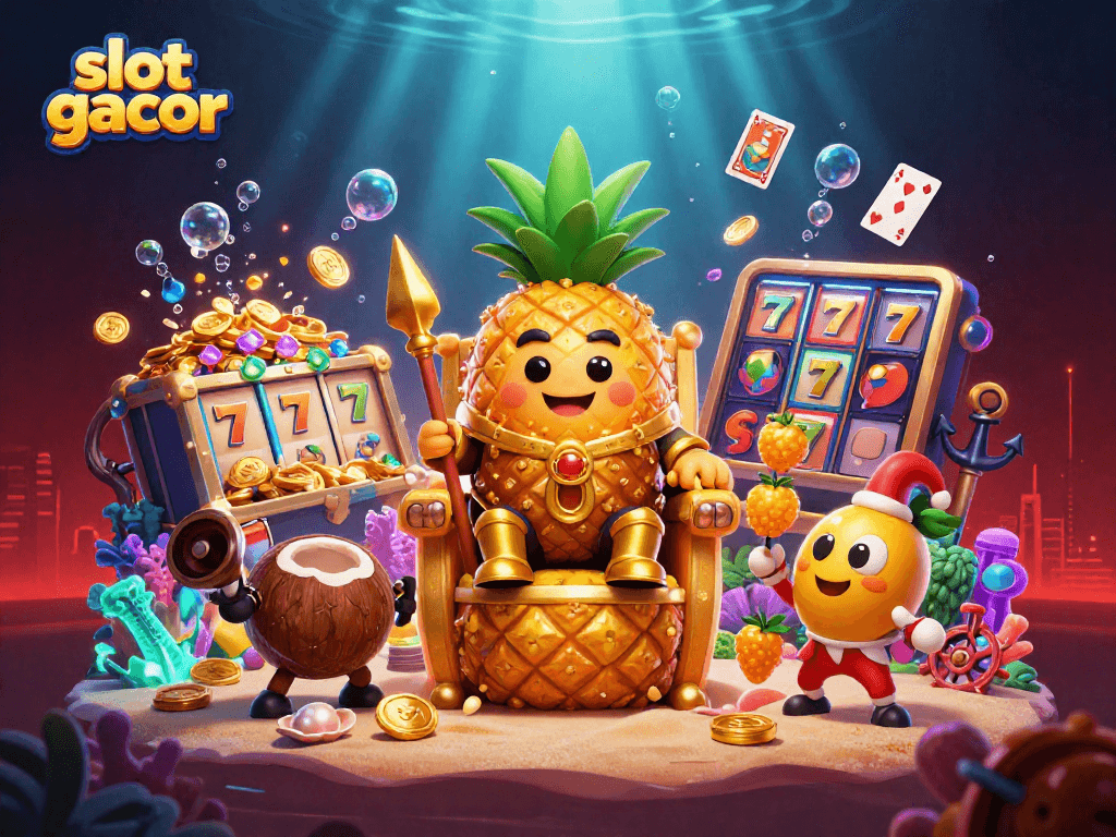 Permainan slot gacor menarik dengan karakter raja nanas, penjaga kelapa, dan pelawak mangga di kasino pantai.