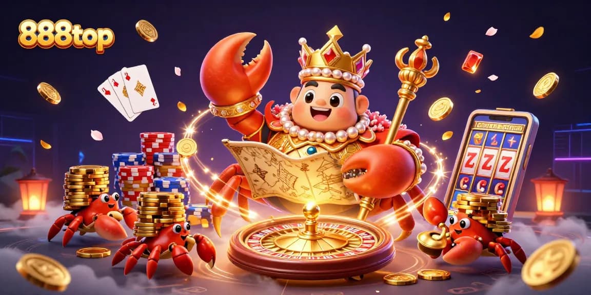 Experience exhilarating wins with 888top's vibrant casino world featuring golden treasures and a royal crab.