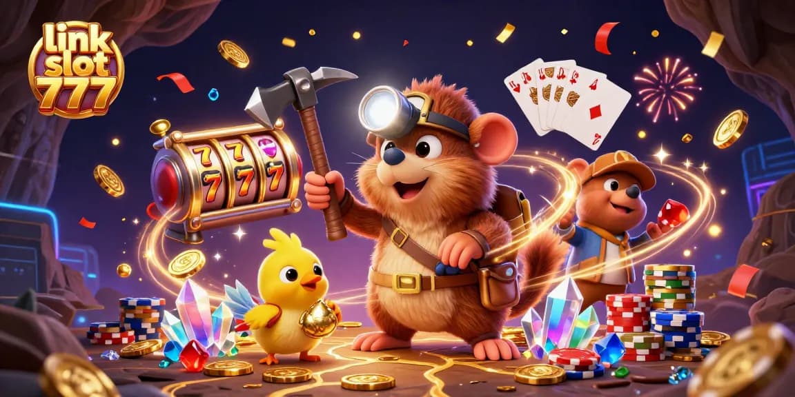 Experience the thrill with link slot 777, showcasing a dynamic casino scene with vibrant treasures.