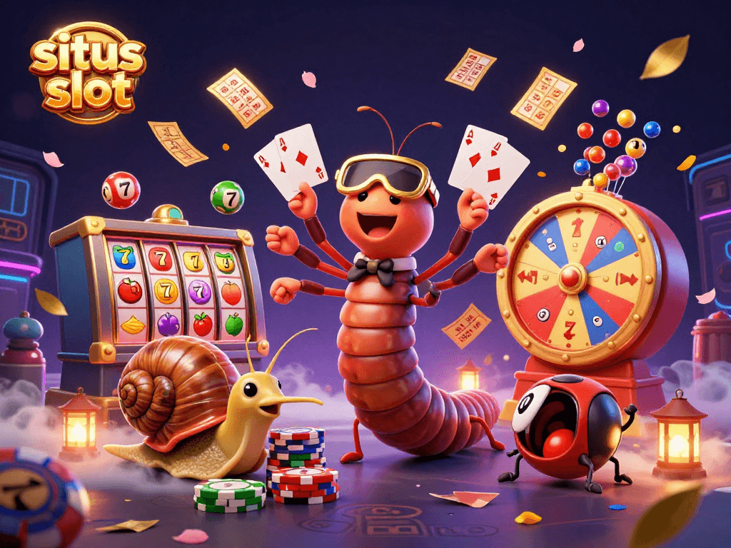 Engage with the exciting situs slot scene featuring a cartoon millipede dealer amidst dynamic casino elements.