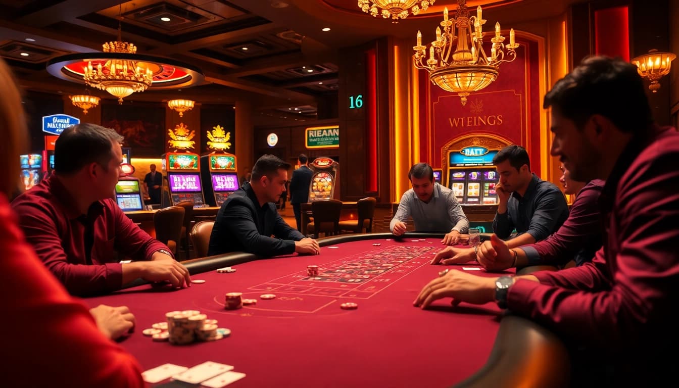 KJC members playing poker at a vibrant casino table with chips and cards.