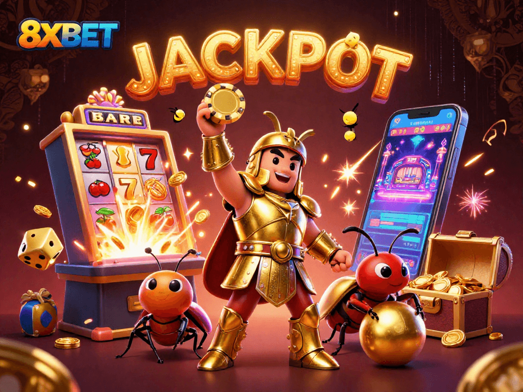 Win big with 8XBET as the victorious beetle celebrates jackpot success amidst dynamic casino elements.