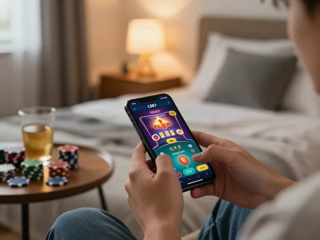 L567 mobile casino gaming on a smartphone in a cozy bedroom setting
