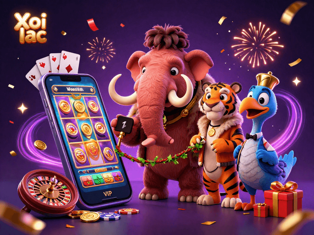 Xoi lac casino scene with a woolly mammoth bouncer, saber-tooth guest, and dodo doorman entertaining players.