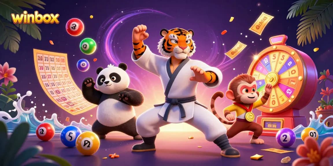 Experience winbox gaming with a kung fu master, panda, and monkey in an exciting lottery scene.