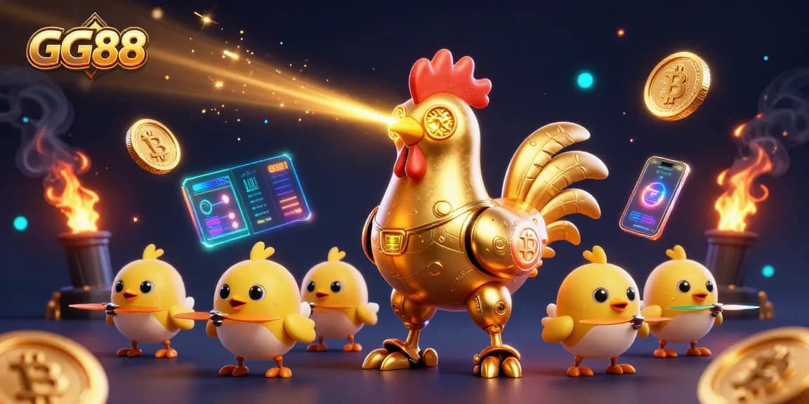 Experience GG88's vibrant and dynamic digital gaming universe with a golden rooster robot and crypto elements.