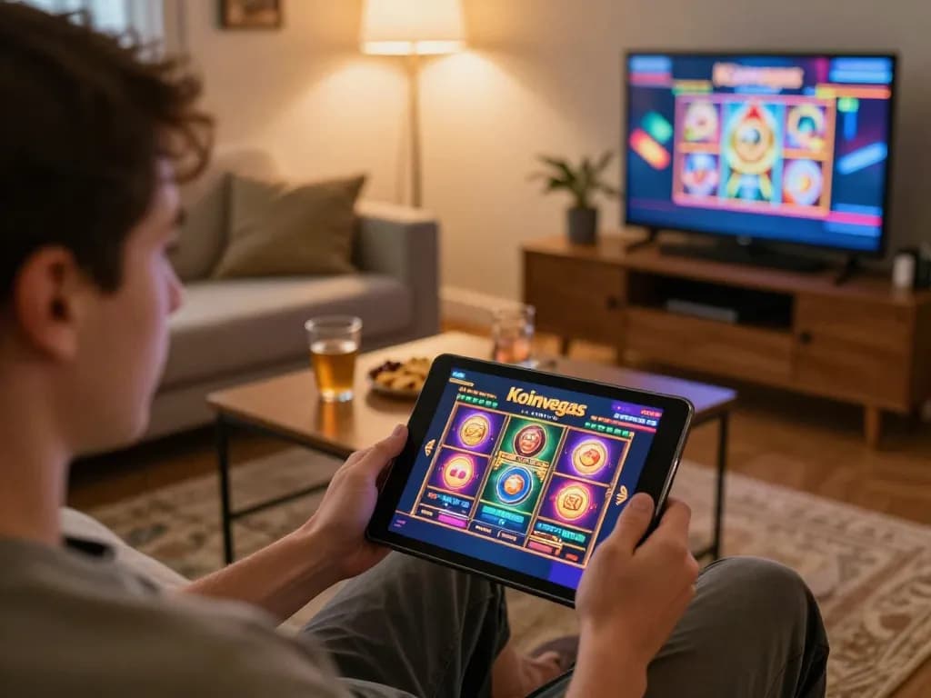 Koinvegas slot action showcasing a player enjoying online slot games on a tablet in a cozy home environment.