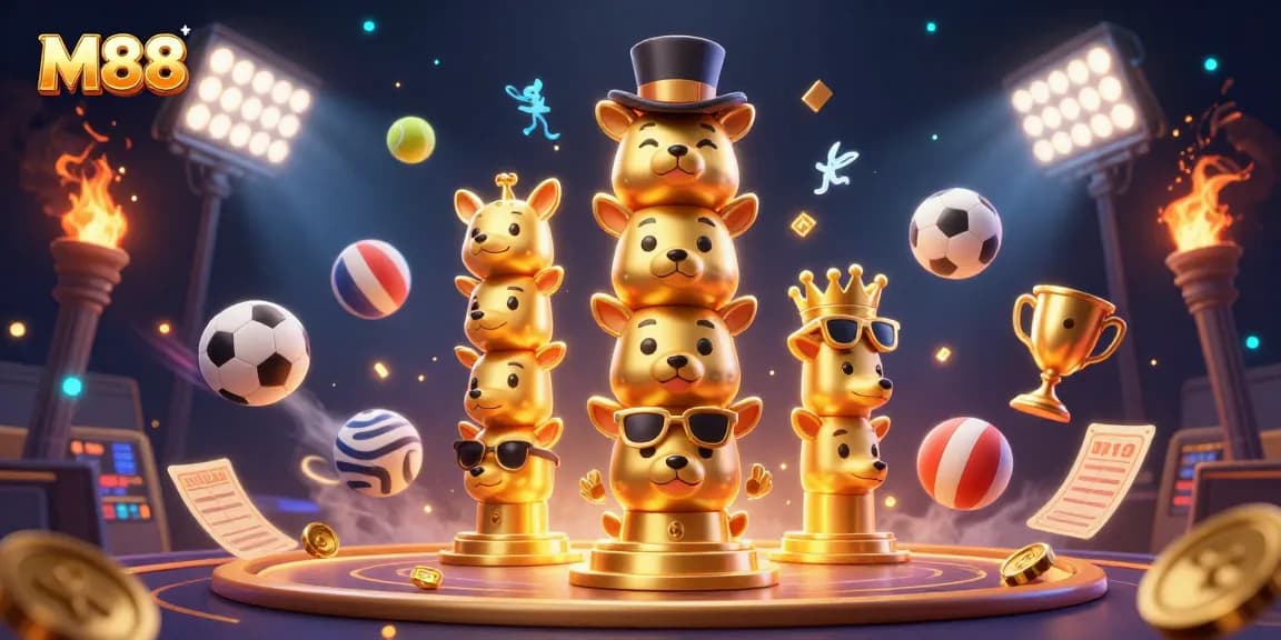 M88 engages players with a vibrant 3D casino scene showcasing sports elements, dynamic betting slips, and a golden totem theme.