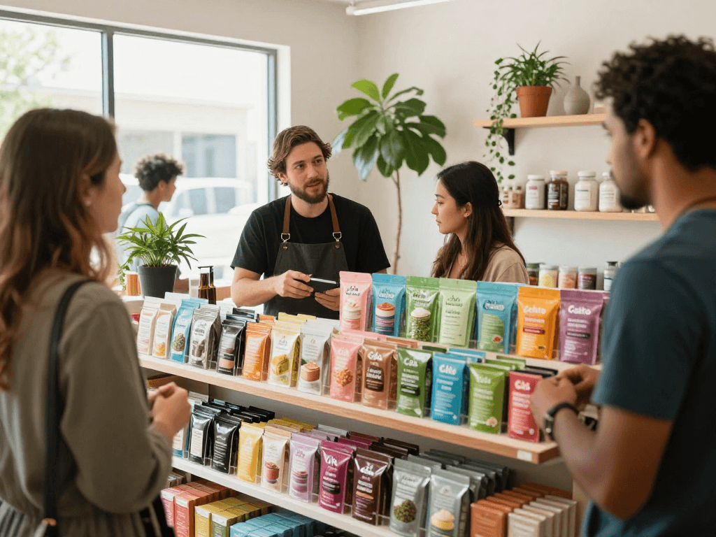 Customers exploring Cake carts at a dispensary, vibrant flavors highlighted.
