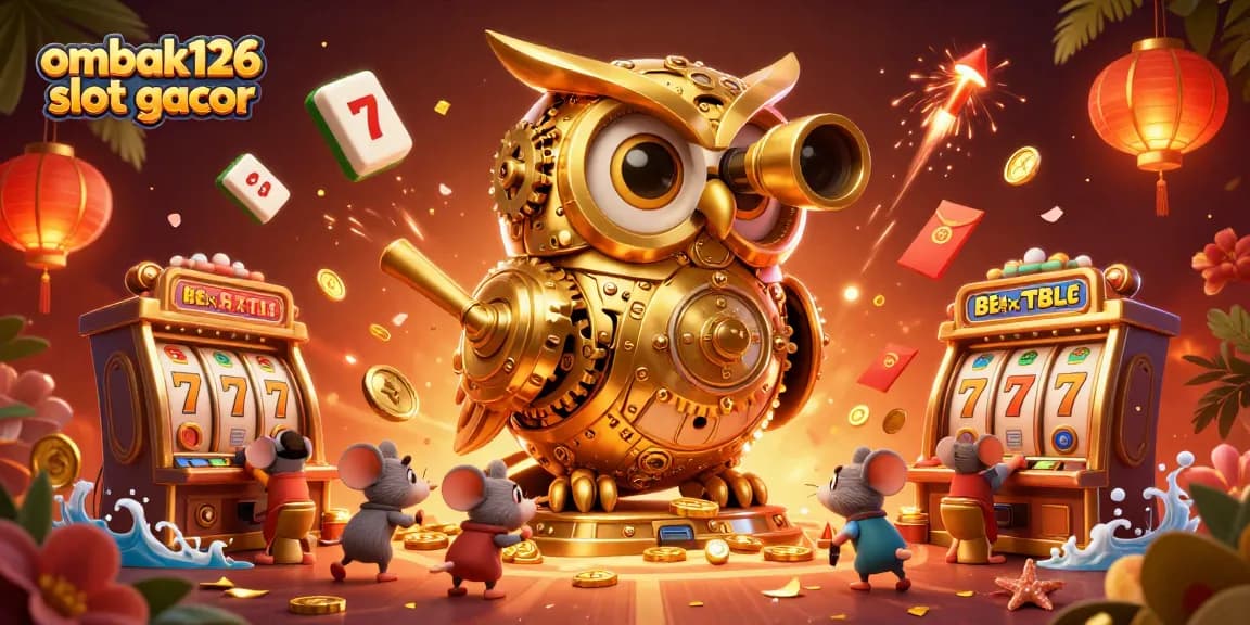 Engage with ombak126 slot gacor in this vibrant 3D illustration showcasing a golden owl and bustling casino scene.
