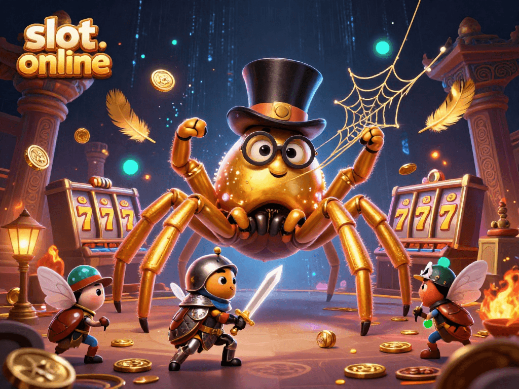 Experience thrilling slot online gameplay with a dynamic scene featuring a golden tarantula and beetle knight.