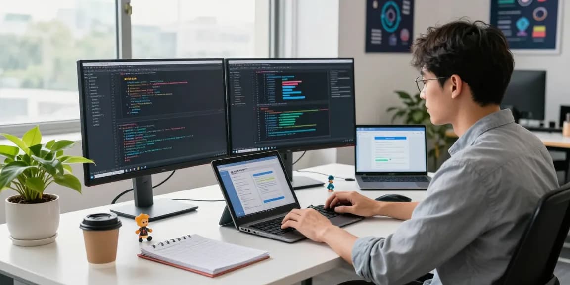 Developer coding 纸飞机中文版 app in a bright office with dual monitors and tech tools.
