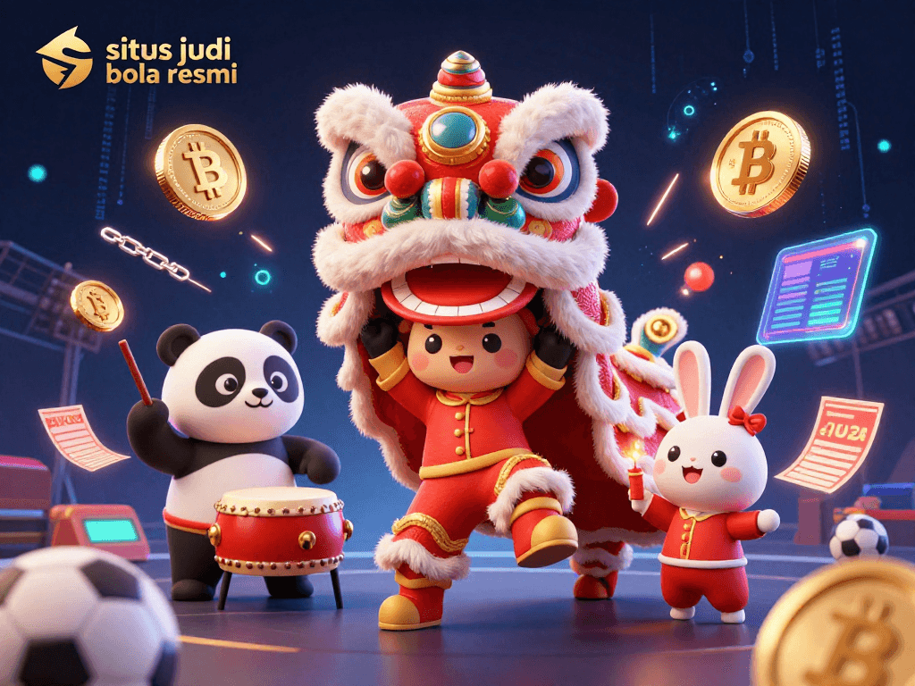 Engage in thrilling action with situs judi bola resmi showcasing vibrant sports betting elements and festive characters.