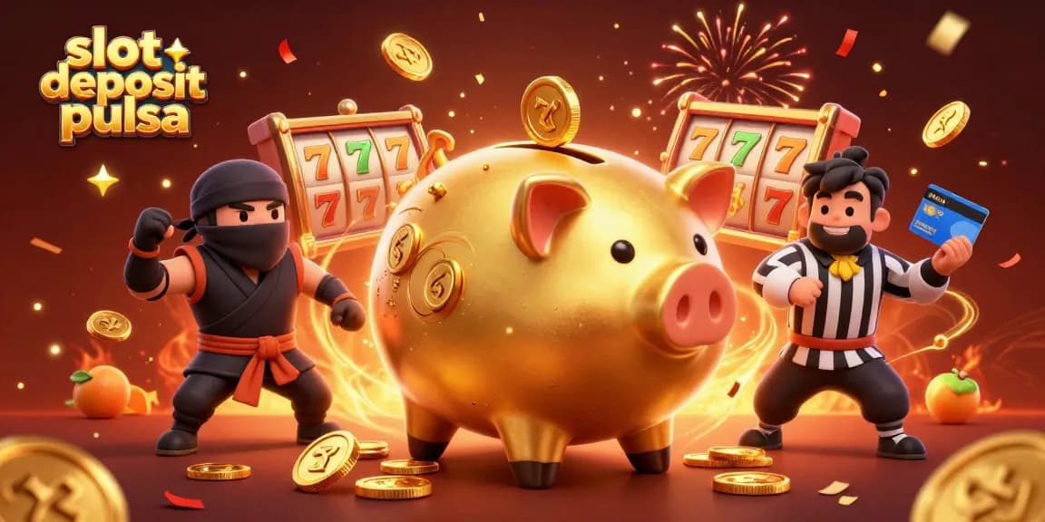 Slot deposit pulsa, merayakan kemenangan dengan karakter kartun kasino yang seru dan elemen permainan yang kaya.