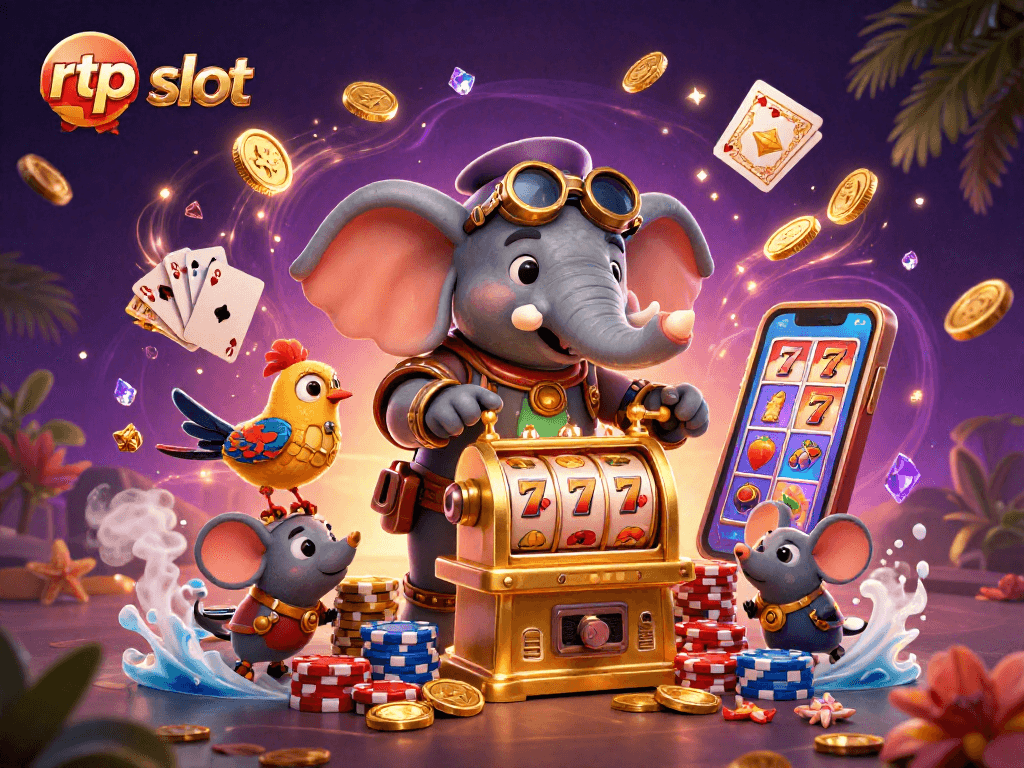 Engage with rtp slot adventures featuring playful steampunk characters in a colorful casino setting.