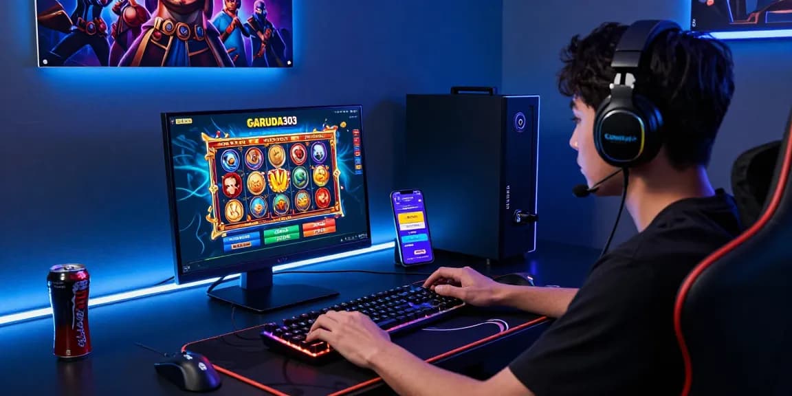 Player enjoying GARUDA303 online gaming experience with vibrant setup and accessories.