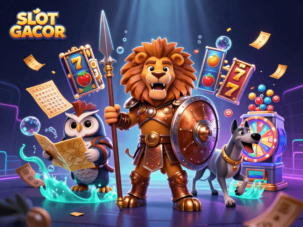 SLOT GACOR showcases a dynamic 3D illustration of a Spartan lion, owl, and greyhound amidst vibrant casino elements.