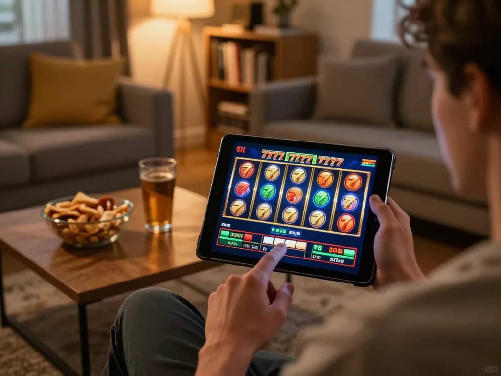 Player enjoying slot777 gameplay on tablet in cozy home setting with snacks.