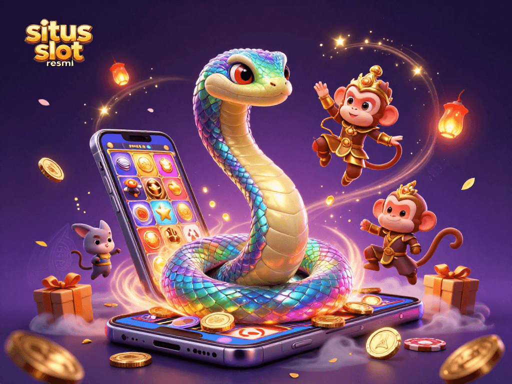 Experience situs slot resmi with a vibrant 3D illustration of slots, jackpots, and magical elements.