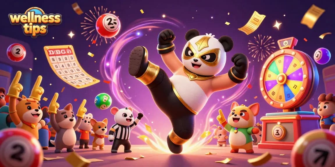 Engage with wellness tips through exciting casino-themed action featuring a panda wrestler and vibrant elements.