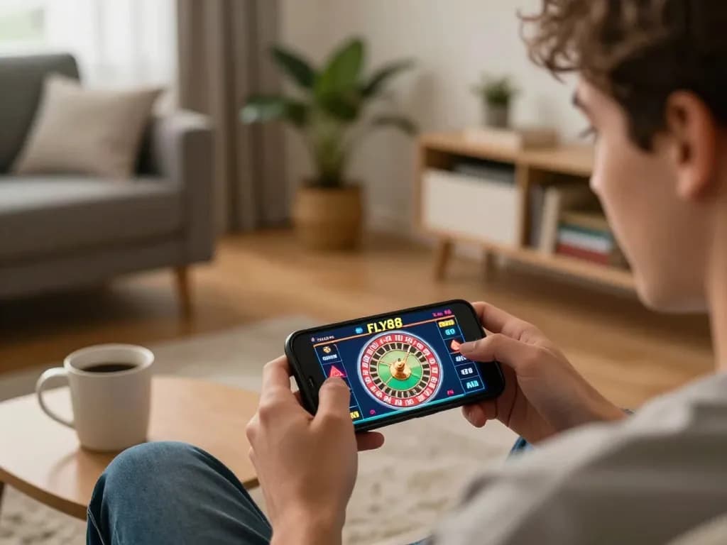 Player enjoying FLY88 mobile roulette game in a cozy home setting.